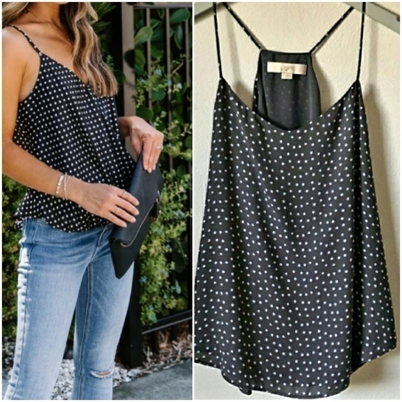 Loft Gray and Blue Polka Dot Raceback Spaghetti Strap Dressy Camisole Tank Top - Picture 1 of 6